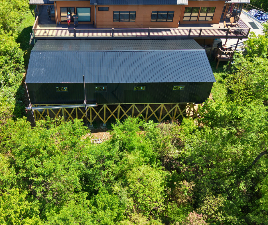 Elevated steel-framed outdoor living space