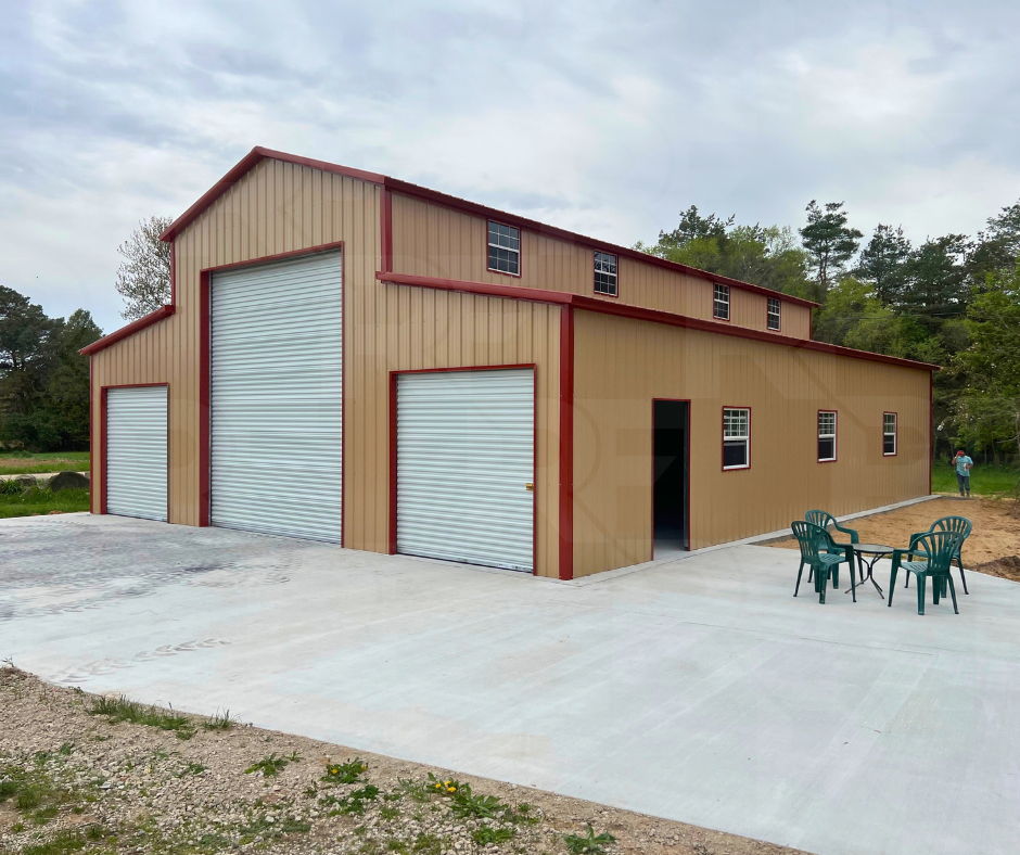 Custom metal farm building with interior framed openings between sections