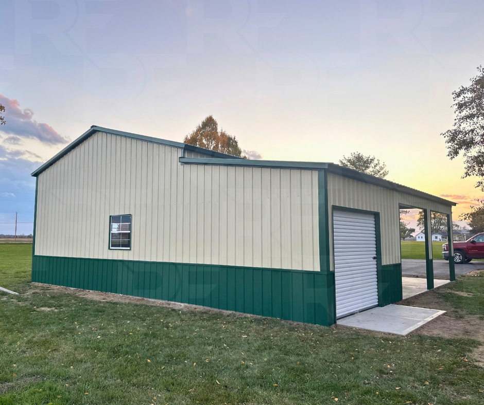 Metal garage with 20-foot covered porch and concrete floor