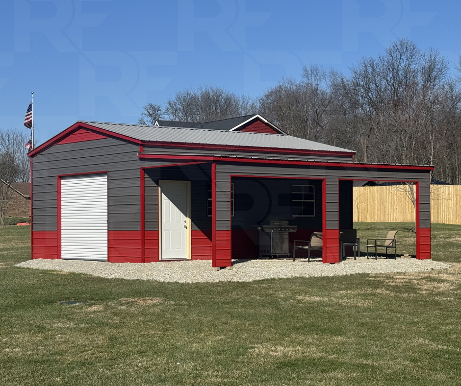 Completed 20×25×10 metal garage with covered porch in Columbus, Ohio