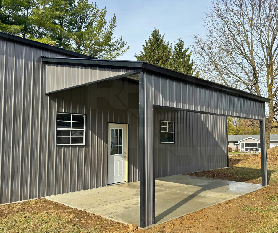 Metal garage with covered outdoor living area and workshop space.