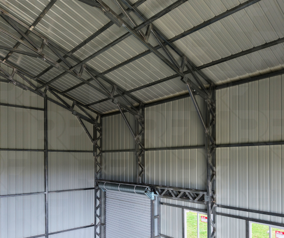 Custom steel building with vertical siding and oversized garage doors