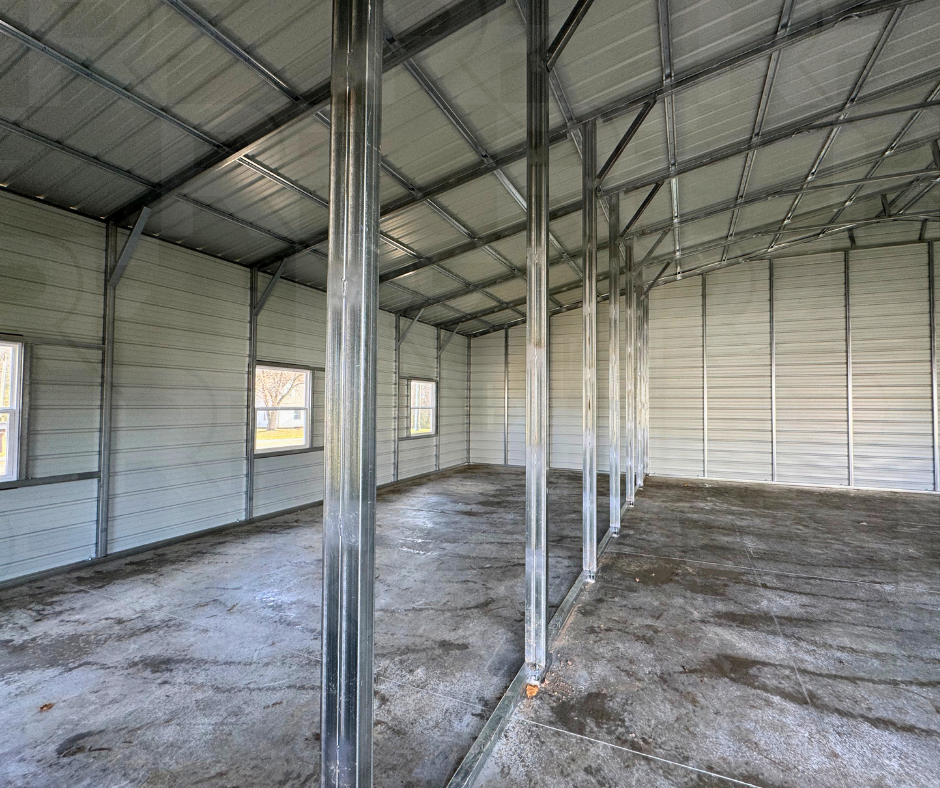 Interior of The Farmstead 54 steel building showing flexible workshop and storage layout.
