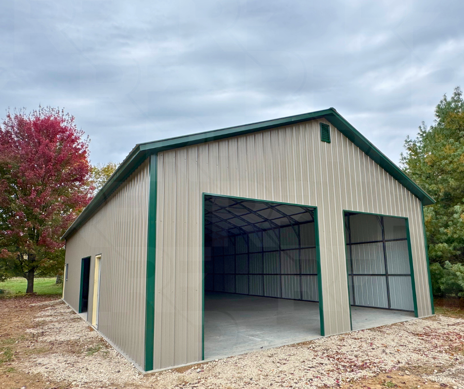 Front corner view of Lily Ridge Workshop steel building
