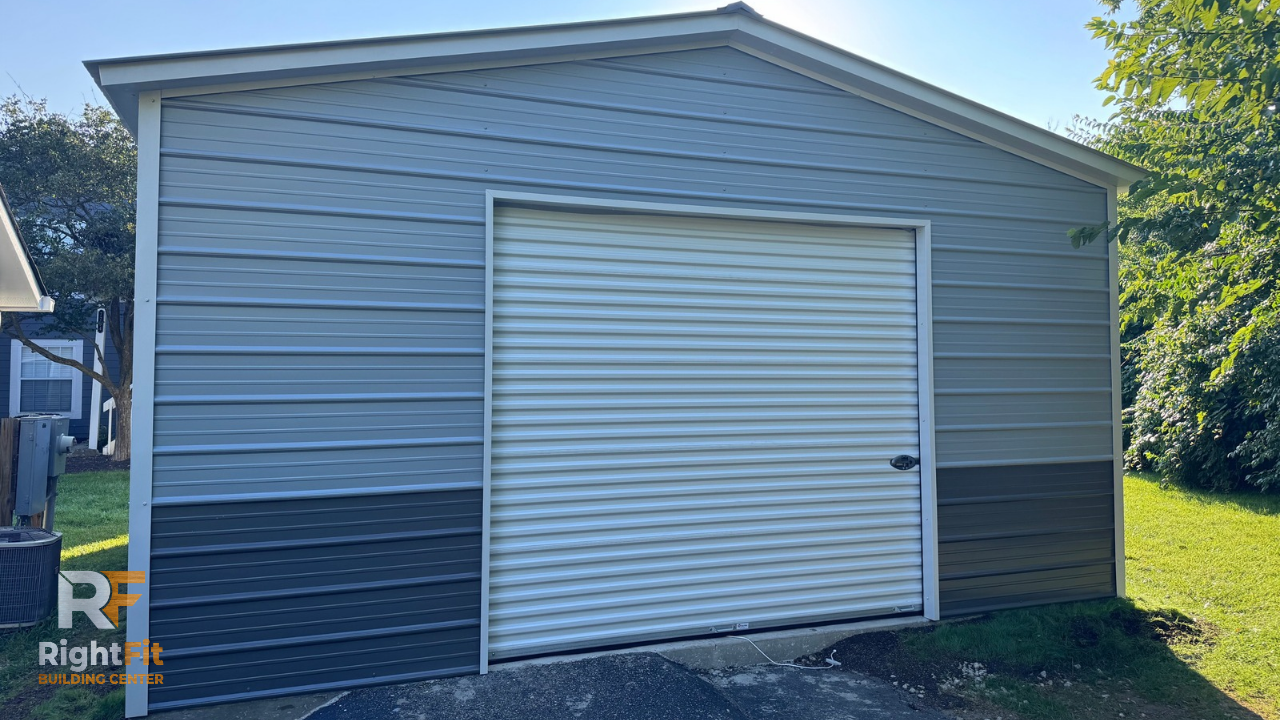 20x25 metal garage in Centerville, Ohio with gray siding, white trim, and charcoal roof
