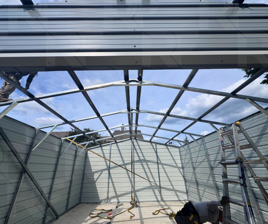 Installation of a 20x25 metal garage on a concrete foundation in Centerville, Ohio