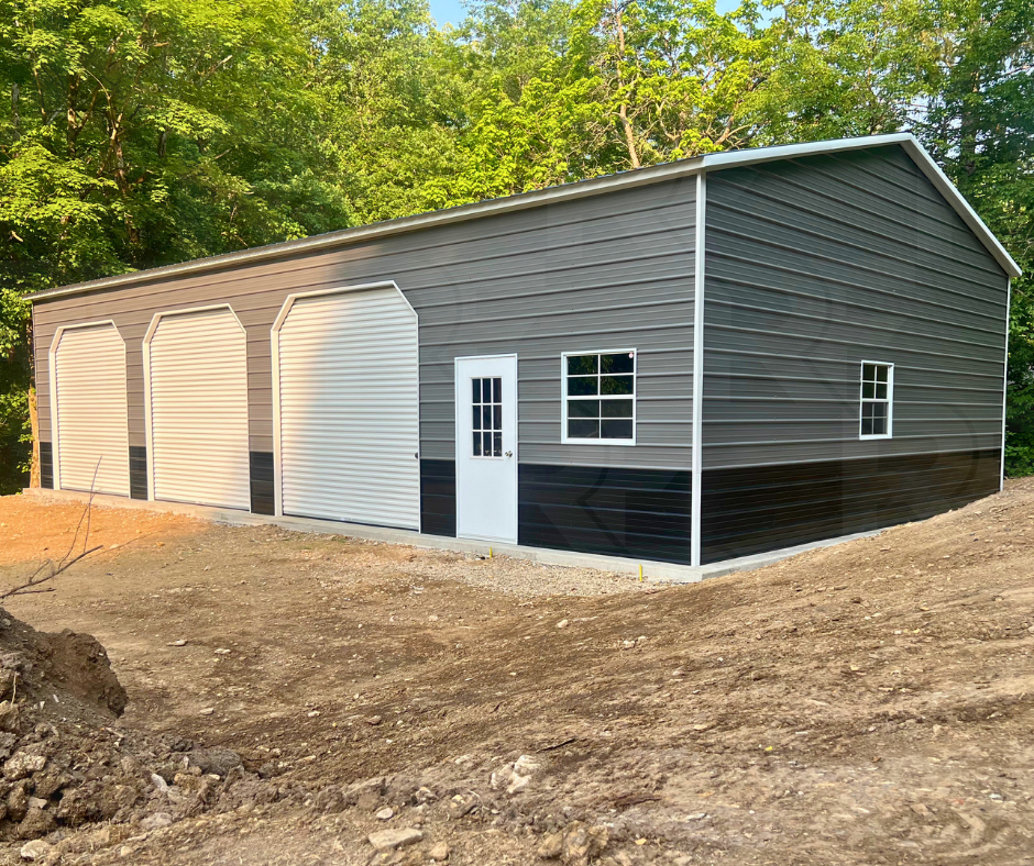 Gray, Black and White metal and steel garage 24x50x12 with 3 bays and texas cuts.