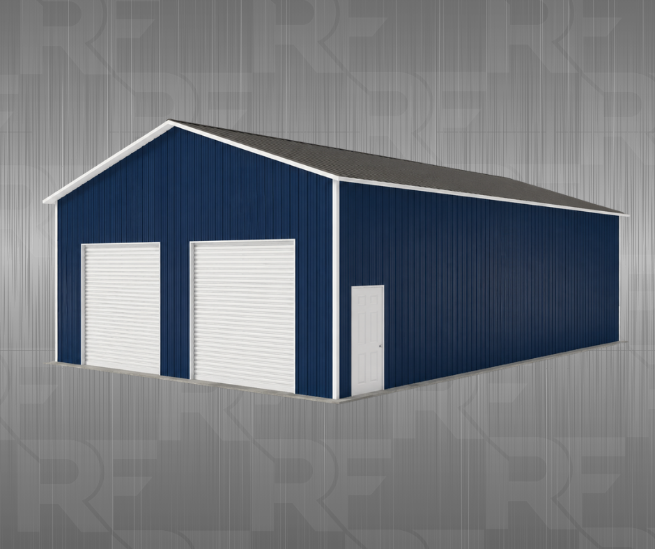 30 x 50 Blue metal building with two white garage doors and a side white door, under a dark gray roof.