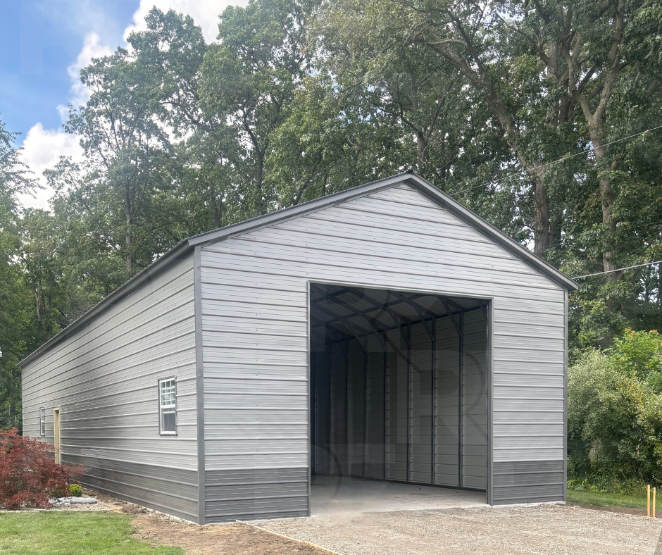 Light gray and charcoal gray, two toned RV garage with a 12x12 Door opening.