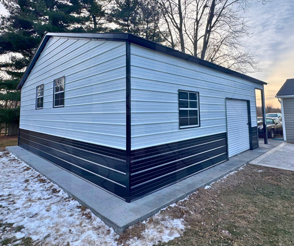 Rear view of completed 30×30 metal garage in Springfield, Ohio