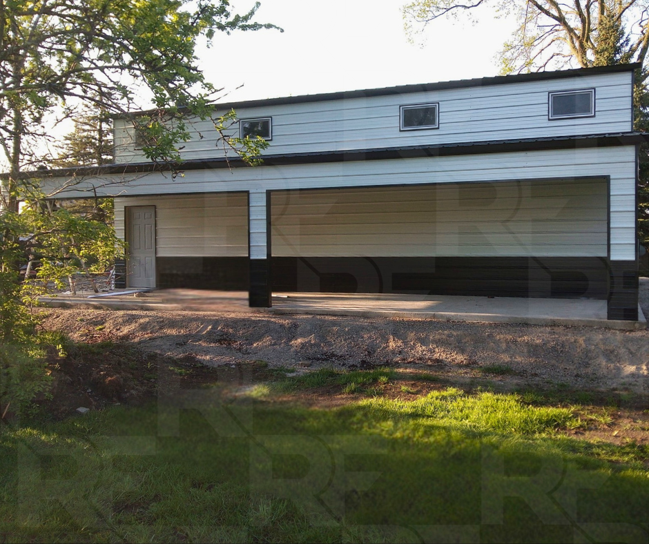 Side view of completed metal garage and porch
