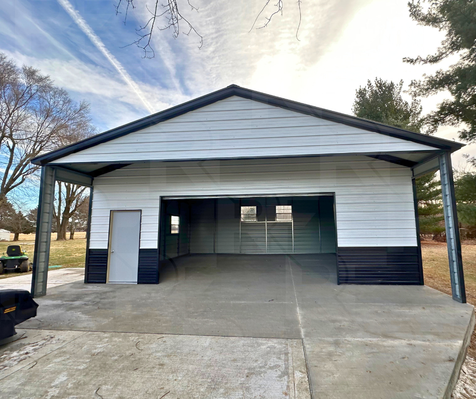 16-foot garage door on completed 30×30 steel garage