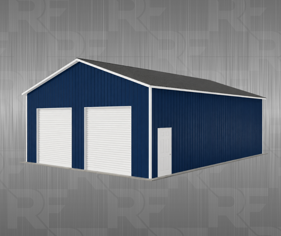 Blue metal garage with two white roll-up doors and a side entry door on a concrete slab, set against a gray background.