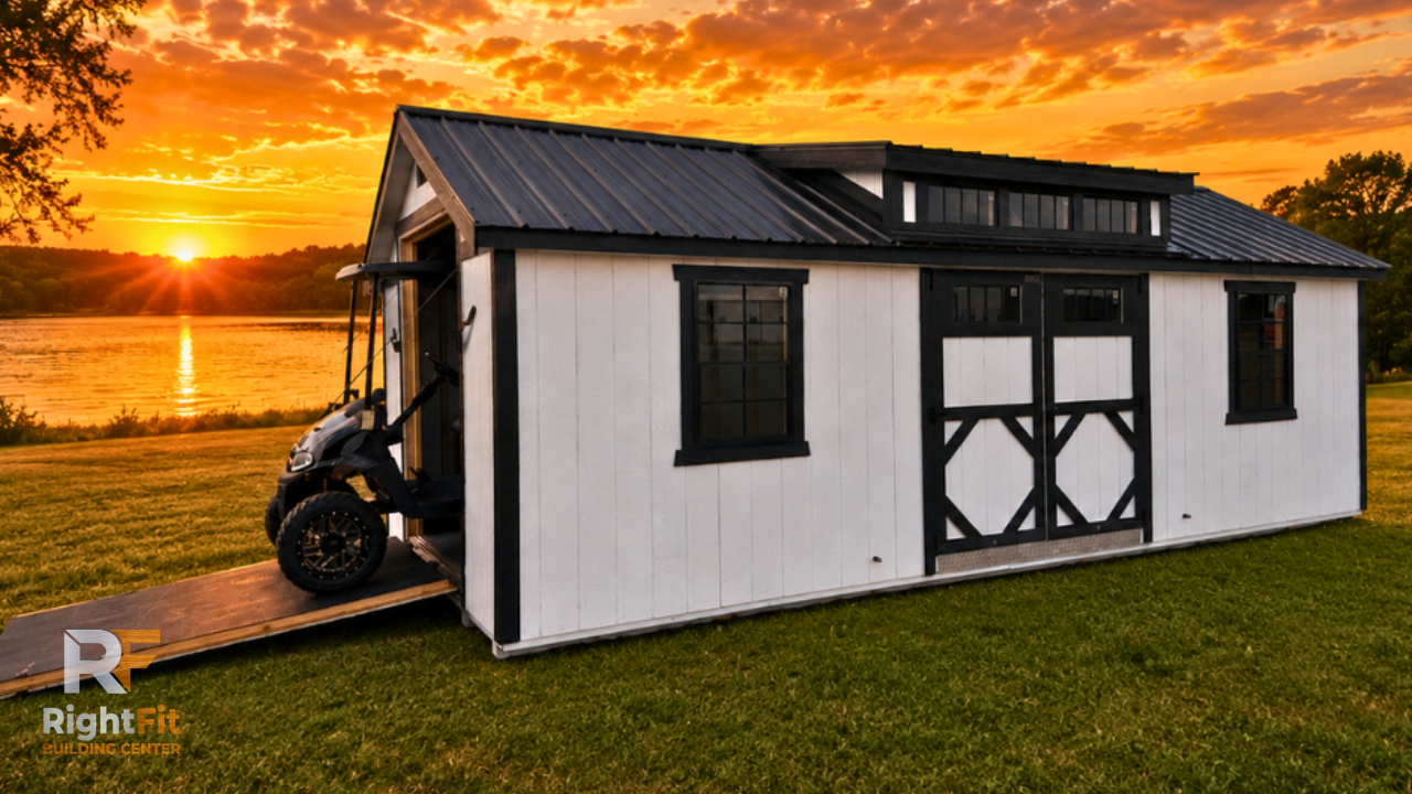 Custom white Deluxe wood storage shed with black trim, metal roof, windows, double doors, and an ATV access ramp.