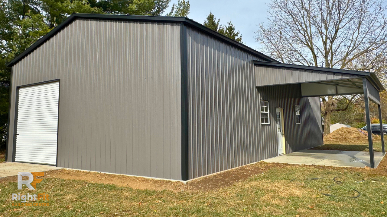 Custom steel garage with integrated 20-foot covered porch.