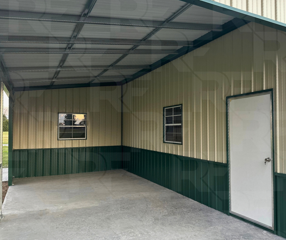 Metal garage with green wainscot and residential entry door