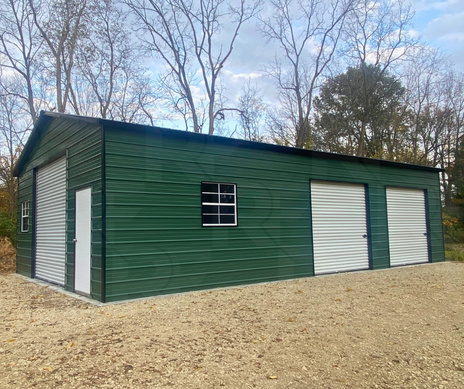 Side angle of completed 24×40×10 custom metal garage in Urbana, Ohio