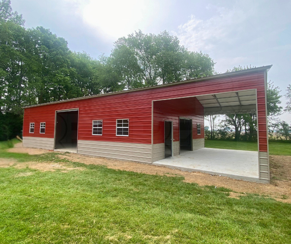 Outdoor entertaining porch attached to custom metal garage