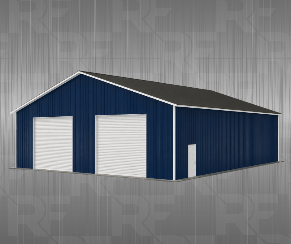 A large 50x60  blue metal storage building with two white roll-up garage doors and a small white pedestrian door.