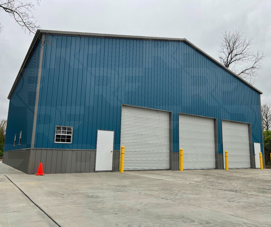 60x60 steel workshop featuring multiple roll-up garage doors