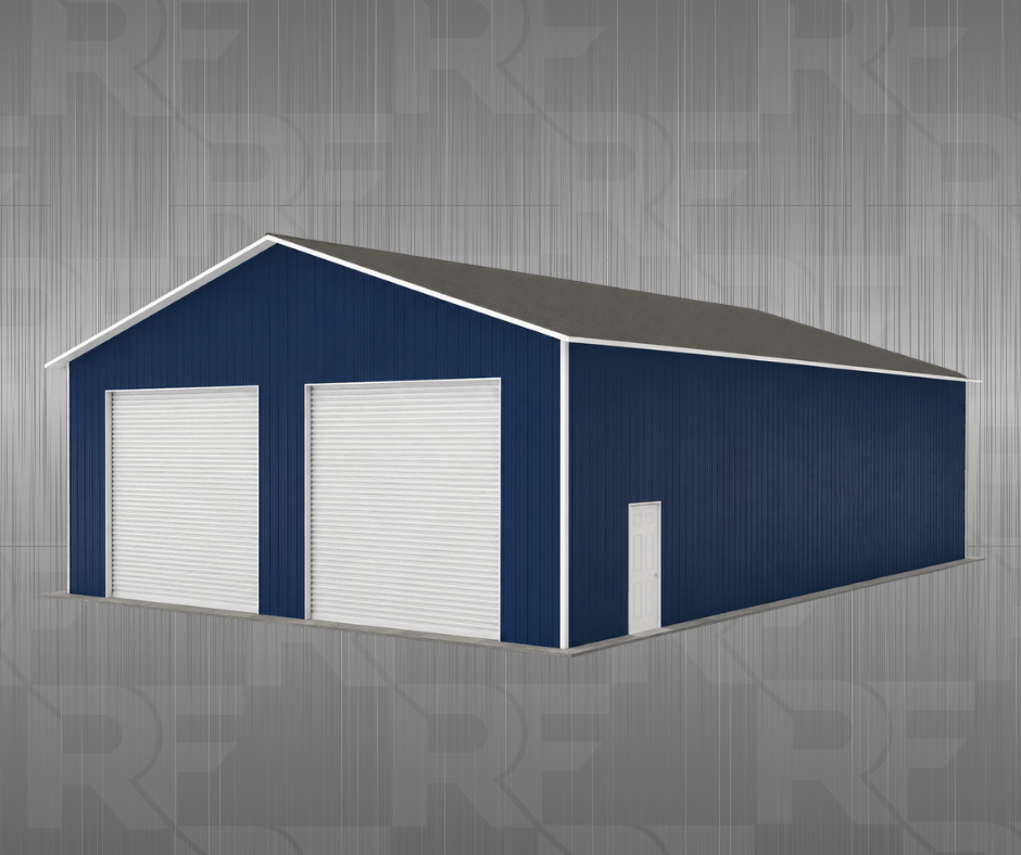 A blue metal storage building with two large white garage doors and a small side door, situated against a gray, textured background.