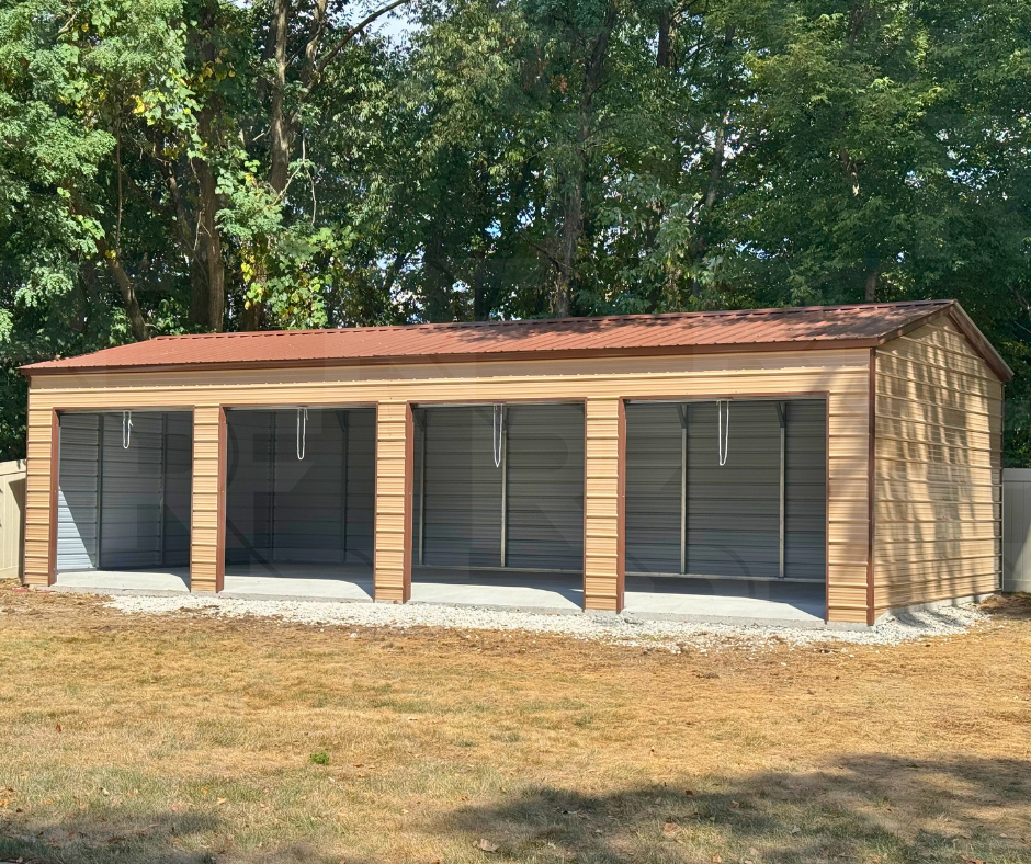 A tan and brown 20x45 metal garage with 4- 10x10 roll doors.