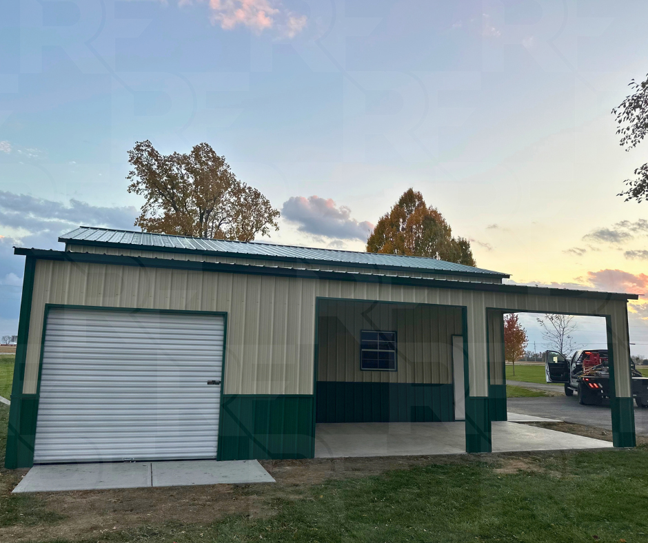 Steel building with 12x35 lean-to and enclosed storage area