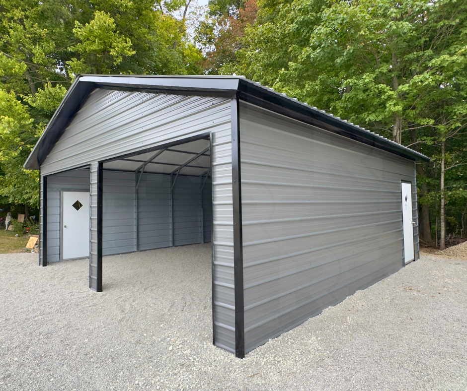 24x25 Gray and black steel garage with a 4/12 roof pitch and 1' overhang
