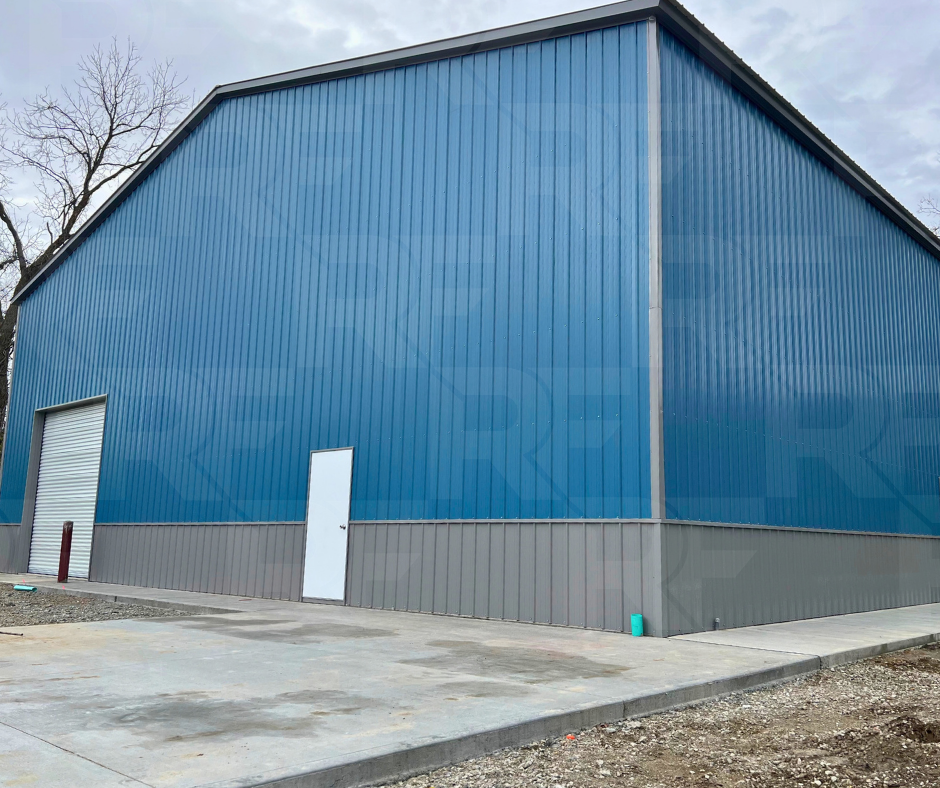 Large metal storage building with deluxe wainscot