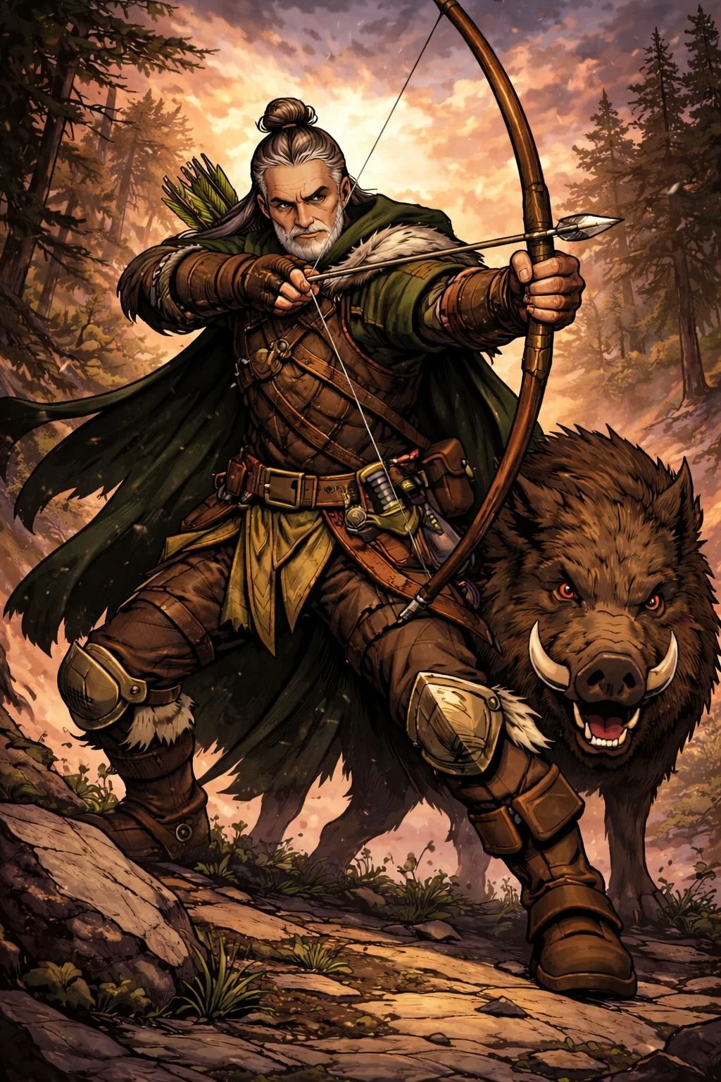 fantasy hunter ranger aiming a bow alongside a wild boar companion in a forest in broken oath character artwork