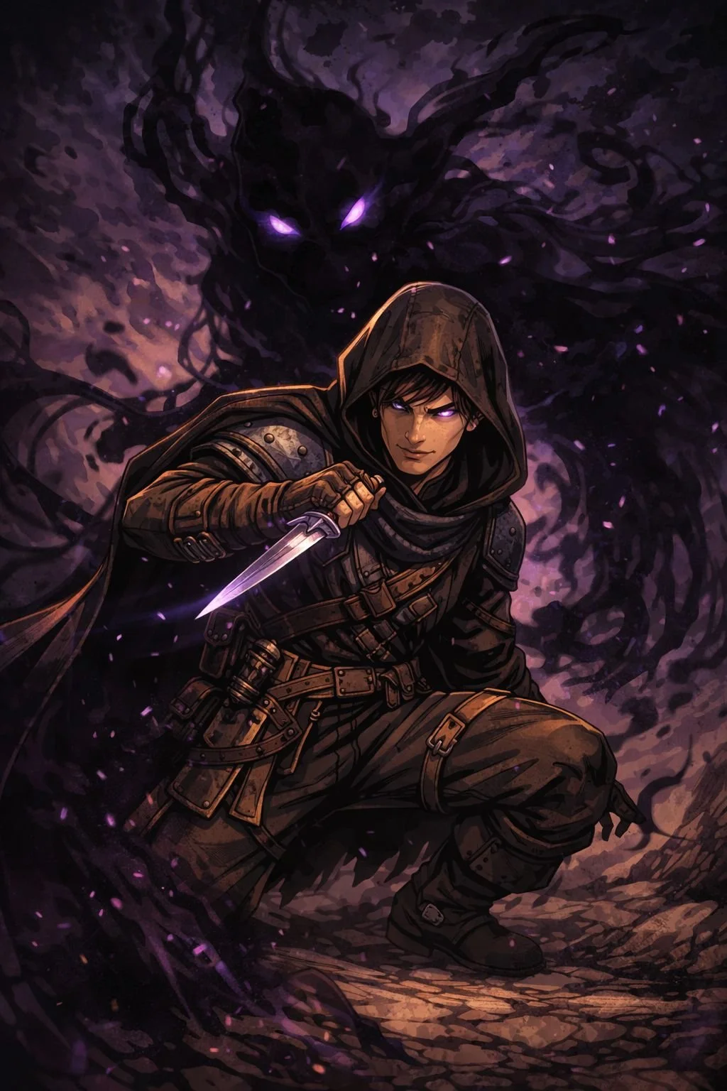 stealth rogue with dagger and shadow fragment entity behind him in broken oath fantasy character artwork