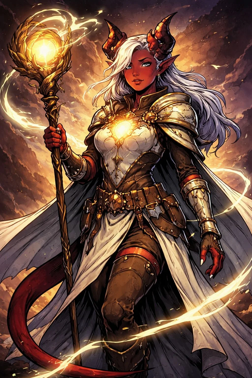 tiefling cleric wielding radiant staff and healing light magic with glowing chest fragment in broken oath fantasy character artwork