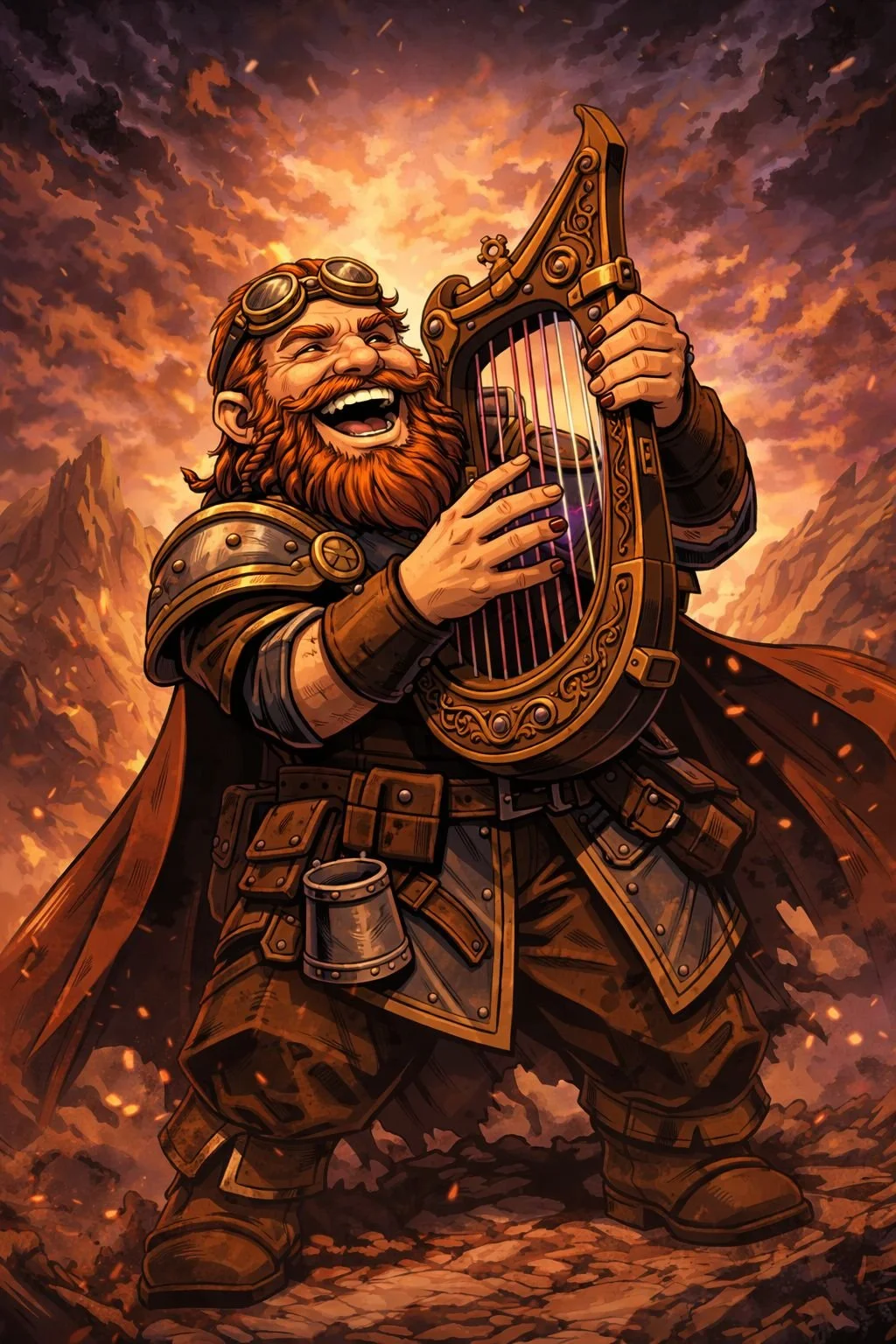 dwarf bard playing a magical lyre with joyful expression in broken oath fantasy character artwork