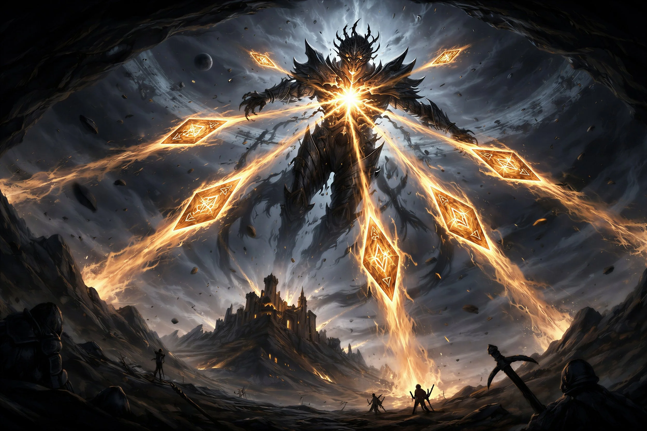 colossal primordial entity aetherion unleashing fragment energy beams over a fantasy world in broken oath universe