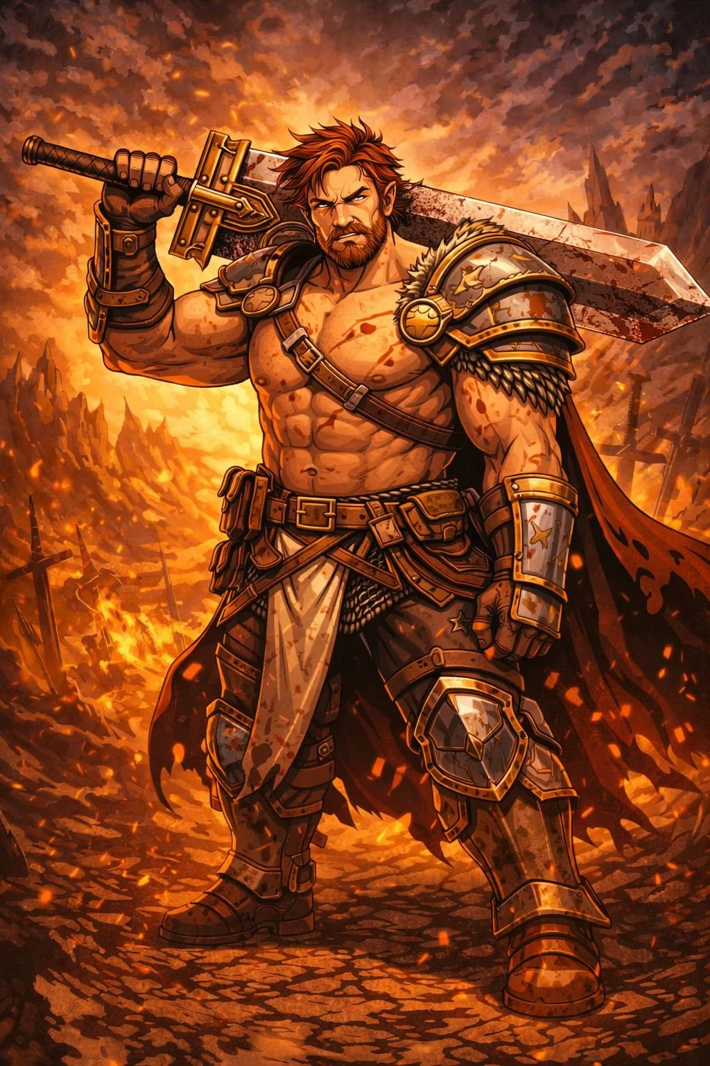battle master fighter wielding a massive greatsword in a fiery battlefield in broken oath fantasy character artwork