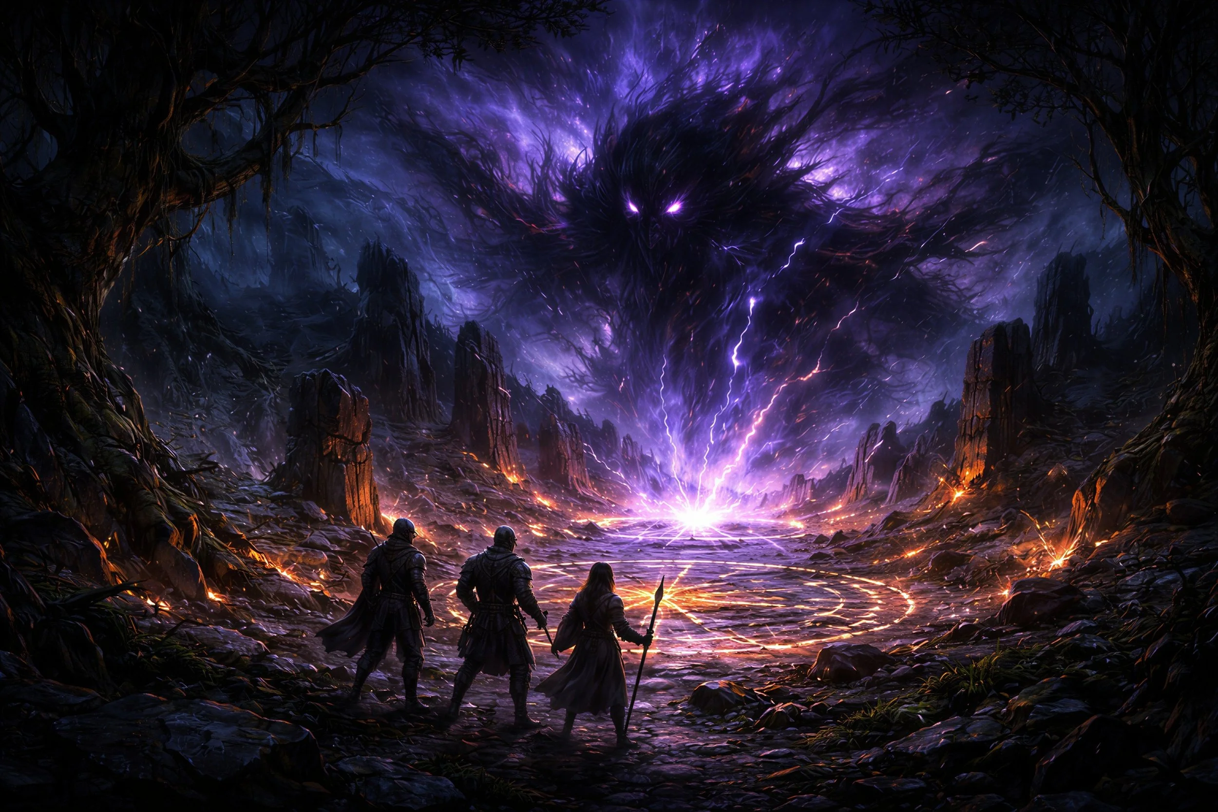 adventurers facing a massive chaos entity emerging from a glowing ritual circle in a corrupted landscape in broken oath fantasy world