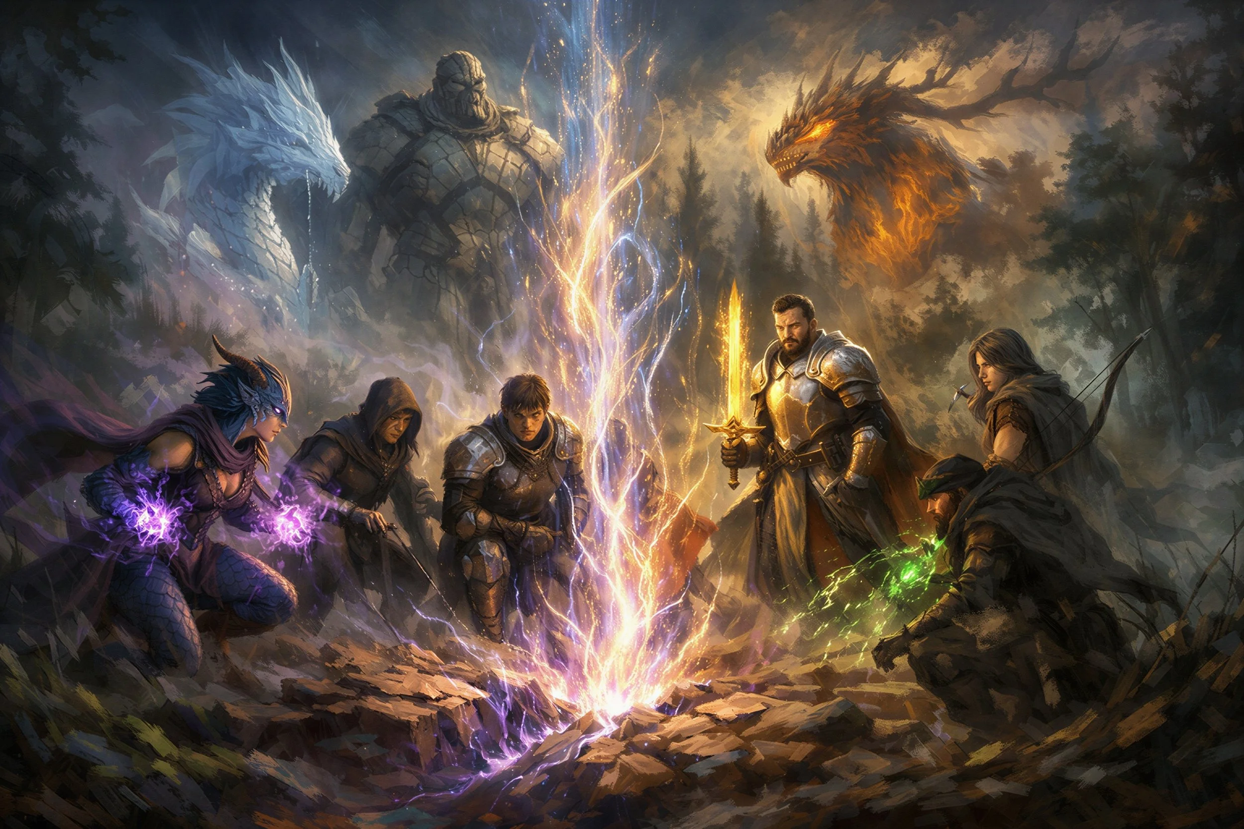 fantasy heroes bonded with primordial fragments summoning elemental spirit forms around a magical rift in broken oath universe