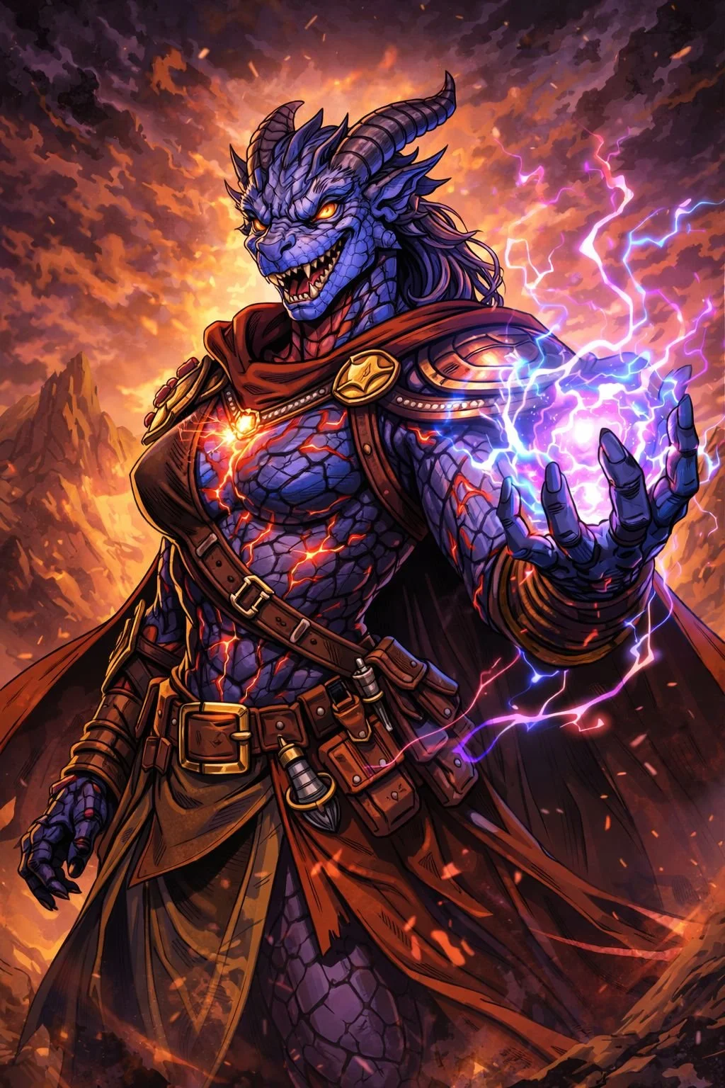 dragonborn sorcerer channeling chaotic magic energy with glowing fragment power in broken oath fantasy character artwork