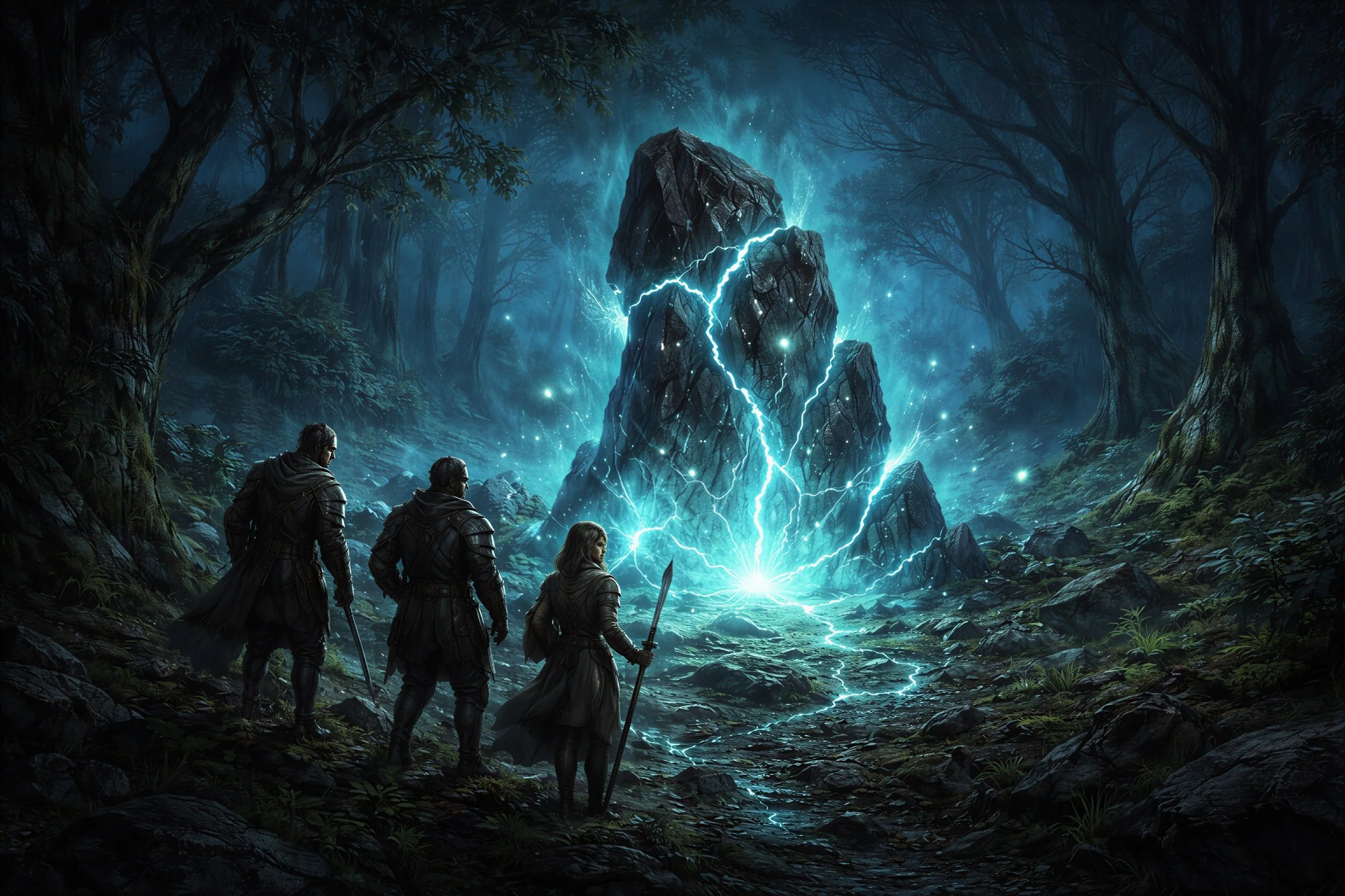 adventurers discovering a glowing primordial fragment in a dark forest with cracked stone and magical energy in broken oath fantasy world
