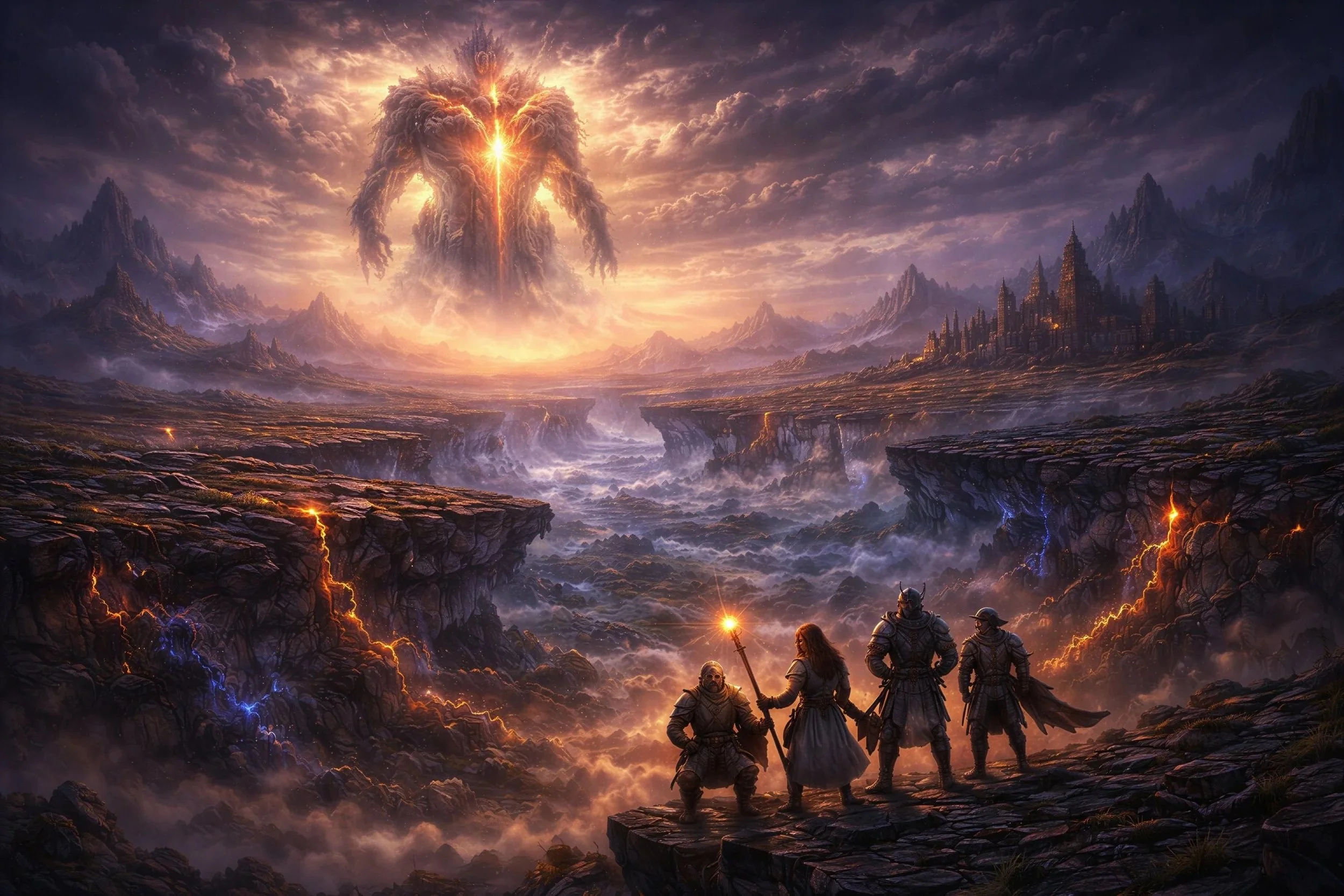 heroes witnessing a colossal primordial entity reshaping reality in a fractured world with floating lands in broken oath fantasy universe