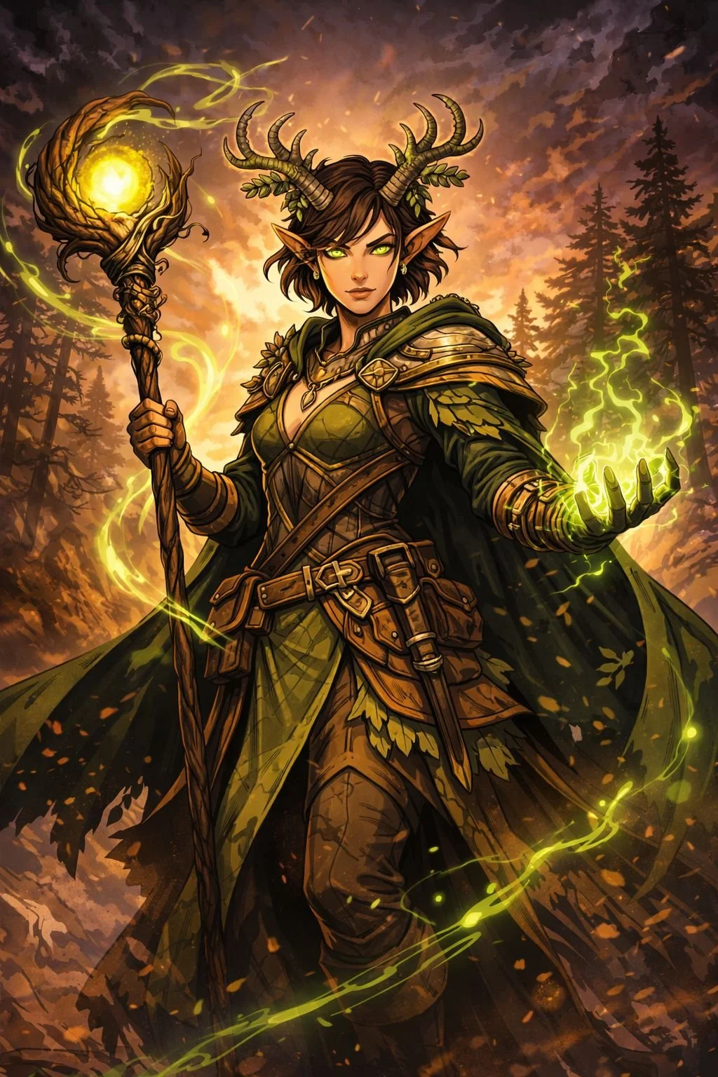 elf druid channeling nature magic with glowing staff and primal energy in broken oath fantasy character artwork