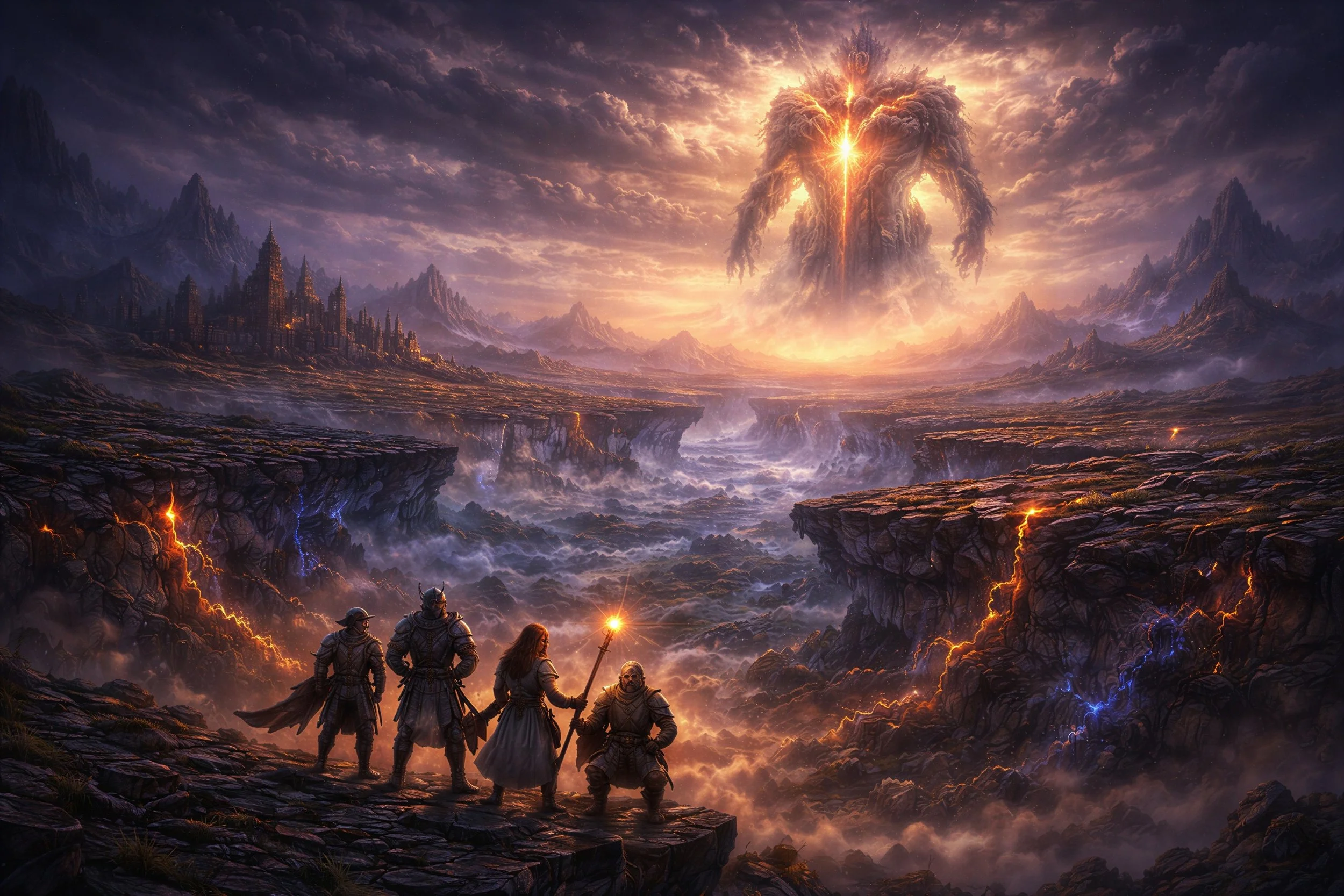 heroes witnessing a colossal primordial entity reshaping reality in a fractured world with floating lands in broken oath fantasy universe