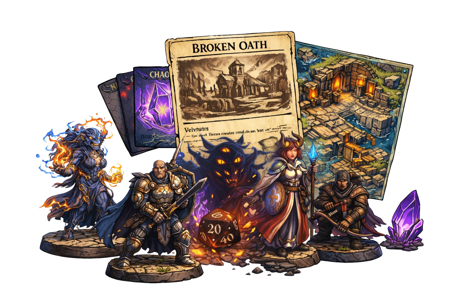 fantasy tabletop rpg box contents with miniatures cards map and dice from broken oath campaign