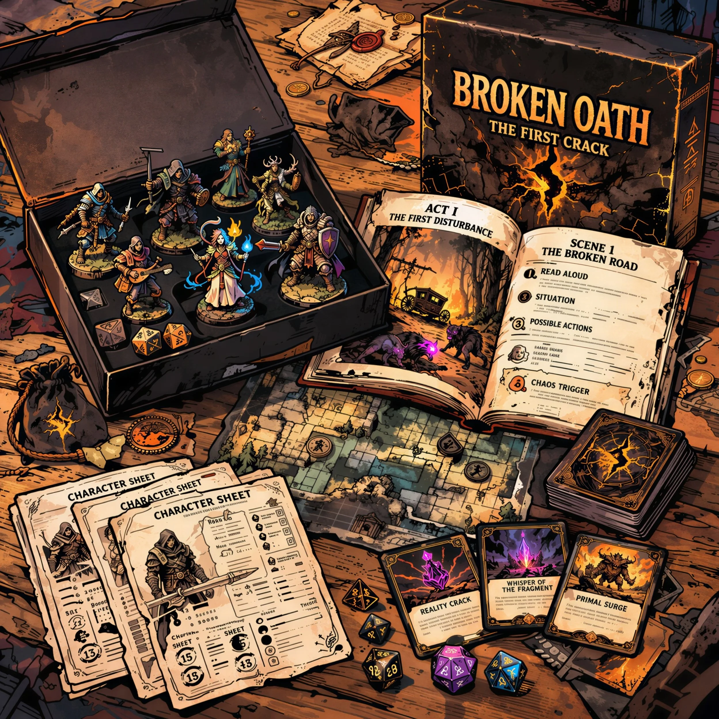 fantasy tabletop rpg unboxing with miniatures campaign book character sheets map and cards from broken oath the first crack