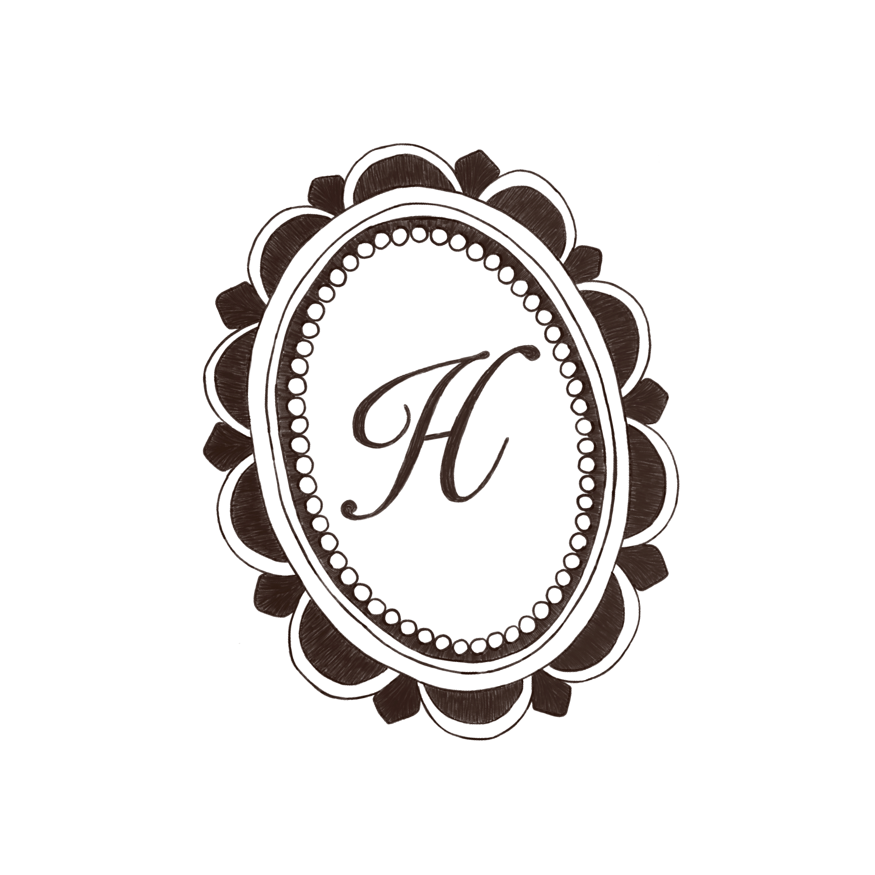 Dark, ornate, oval-shaped frame emblem featuring a stylized letter 'H' - an Heirloom Media Co customized brand illustration