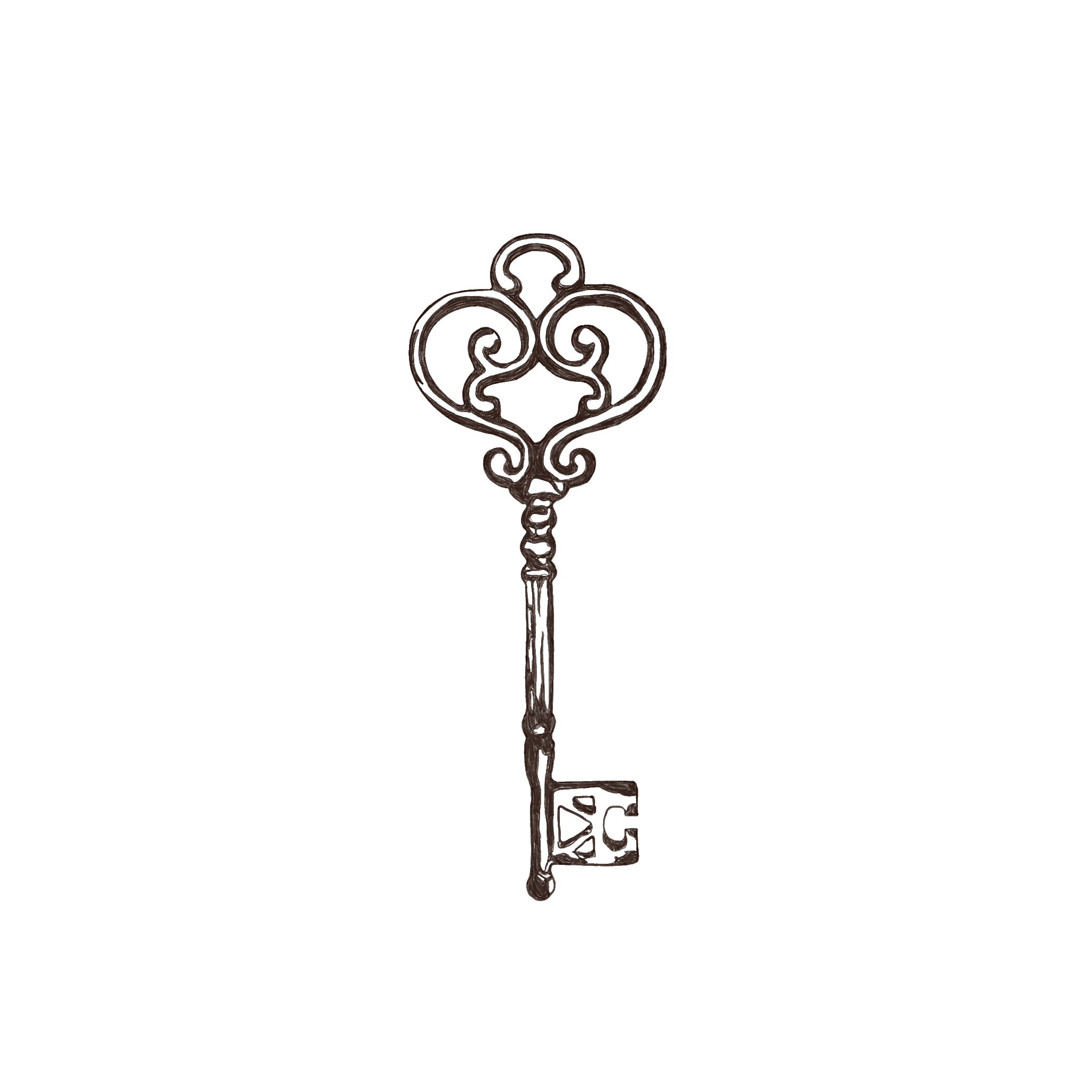Decorative dark brown vintage key design with a swirling patterns - an Heirloom Media Co customized brand illustration