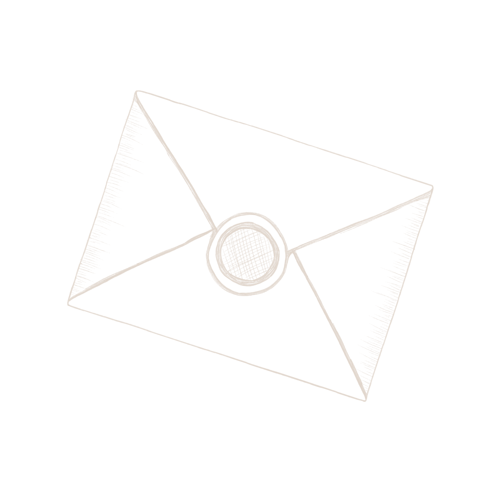 A line drawing of an envelope with a circular stamp in the center of the front flap, shown from an angled perspective. An Heirloom Media Co custom brand illustration