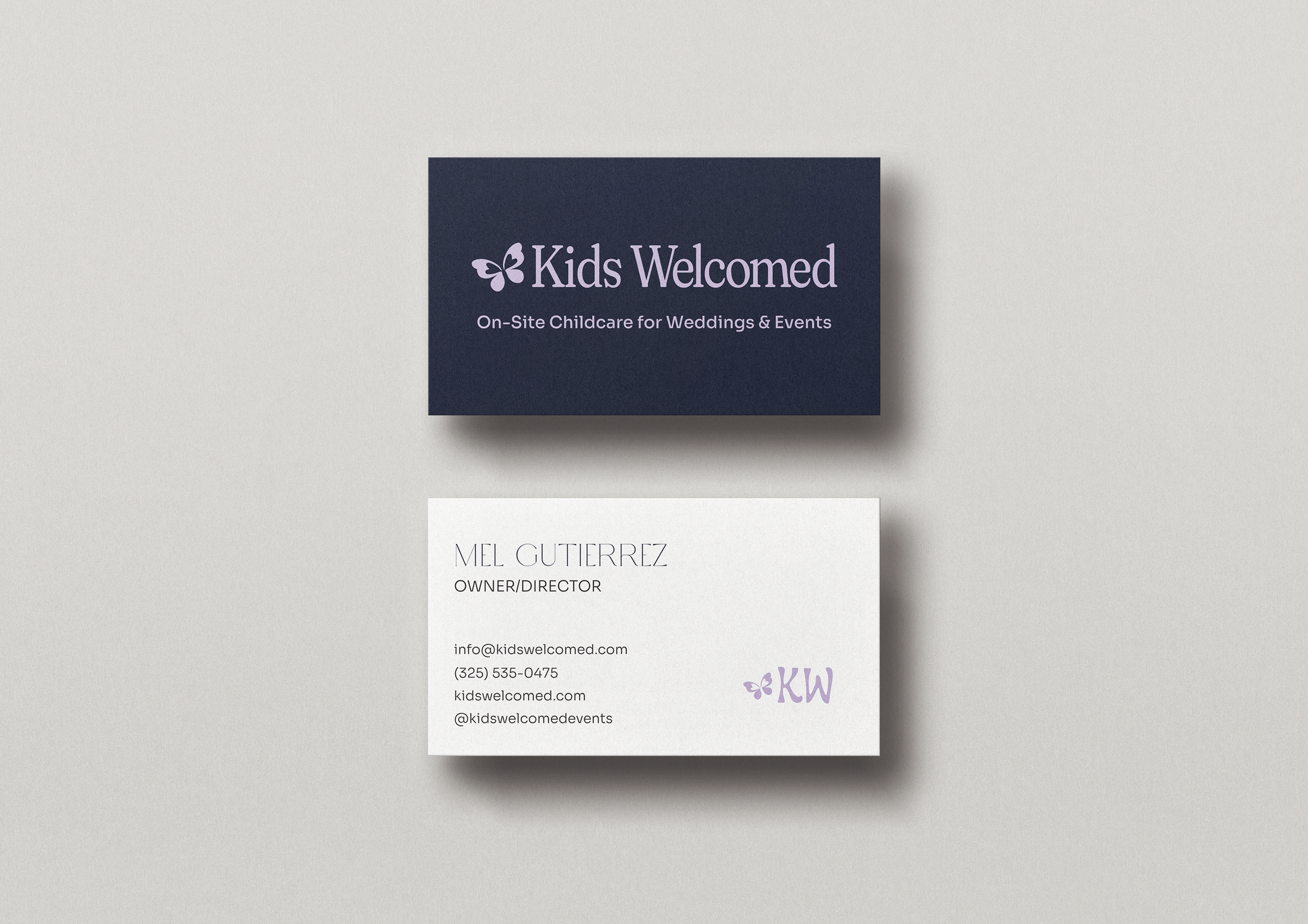Photo of a navy blue business card with a butterfly logo and purple text reading 'Kids Welcomed' and 'On-Site Childcare for Weddings & Events' placed on a light-colored background. Below the card is a white card with the name Mel Gutierrez and contact information.