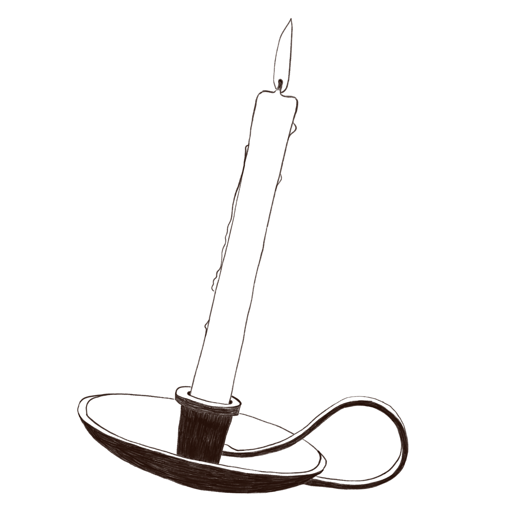 Line drawing of a vintage-inspired candle lamp. A tall candle on a metal base with a handle. An Heirloom Media Co customized brand illustration