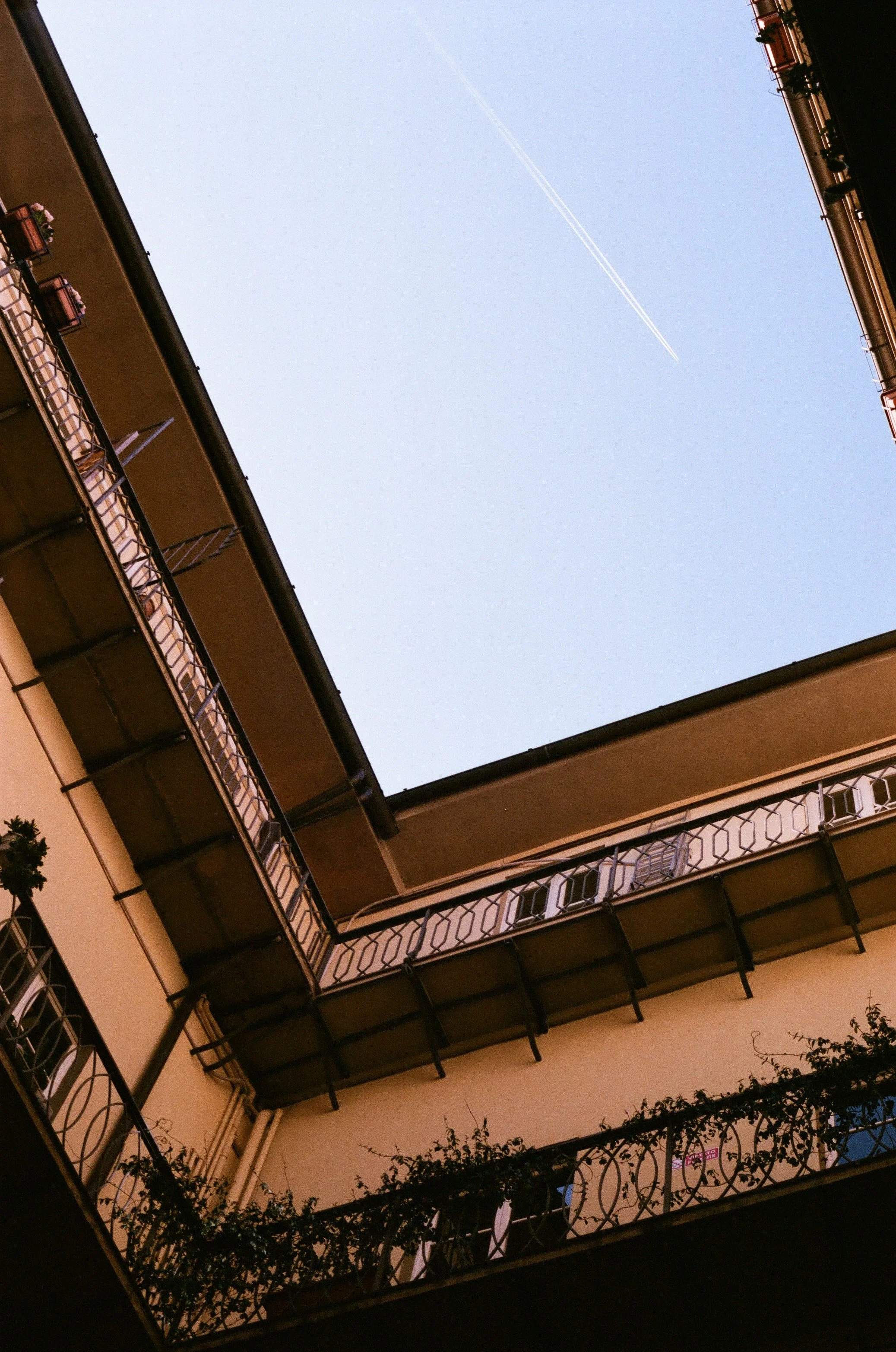 View of the sky through the open courtyard of a multi-story apartment building, with balconies on each floor, some with plants and chairs, and a few trees at the bottom. Photographed by Heirloom Media Co, shot on Film